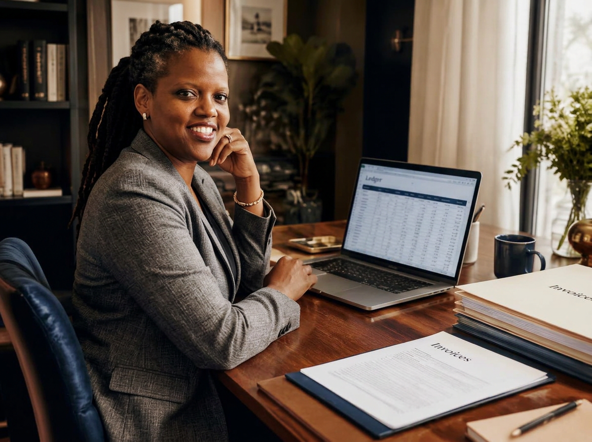 Resa Gooding at a bookkeeping desk with a ledger spreadsheet and organised invoices